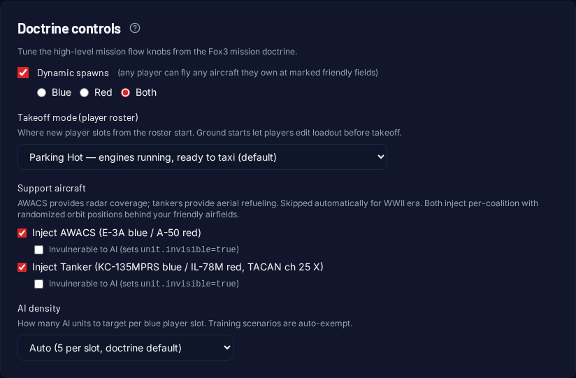 Doctrine controls — dynamic spawns, takeoff mode, support aircraft