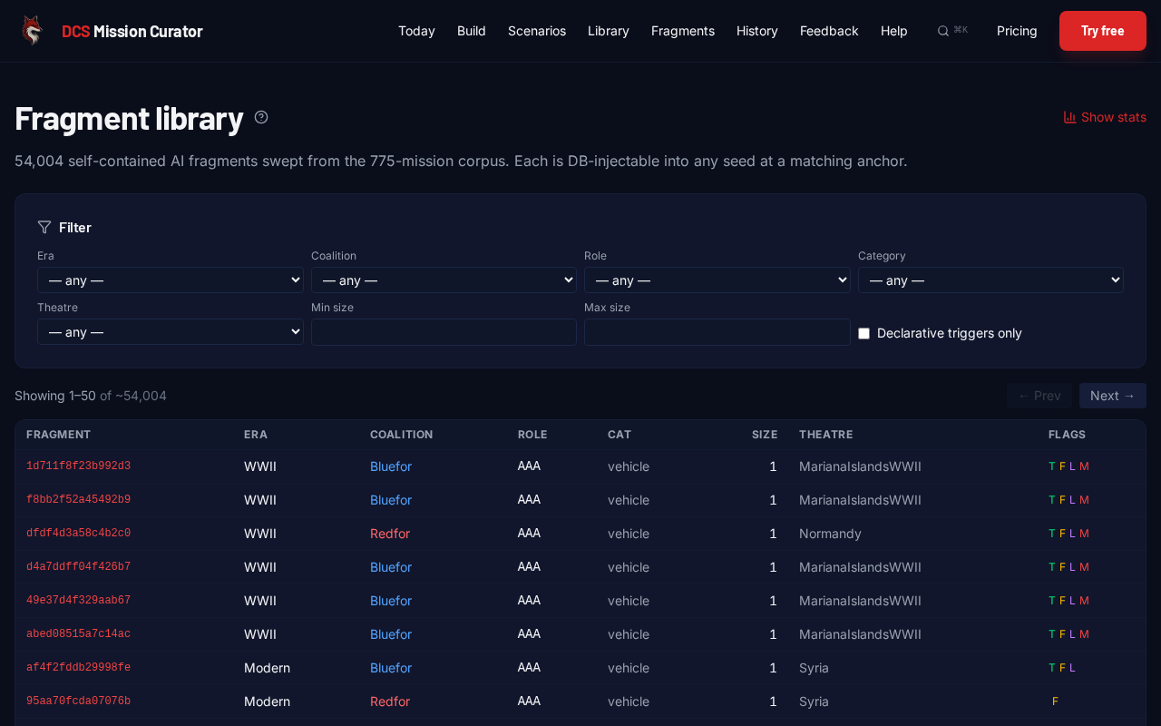 The /fragments page with filters and the fragment list