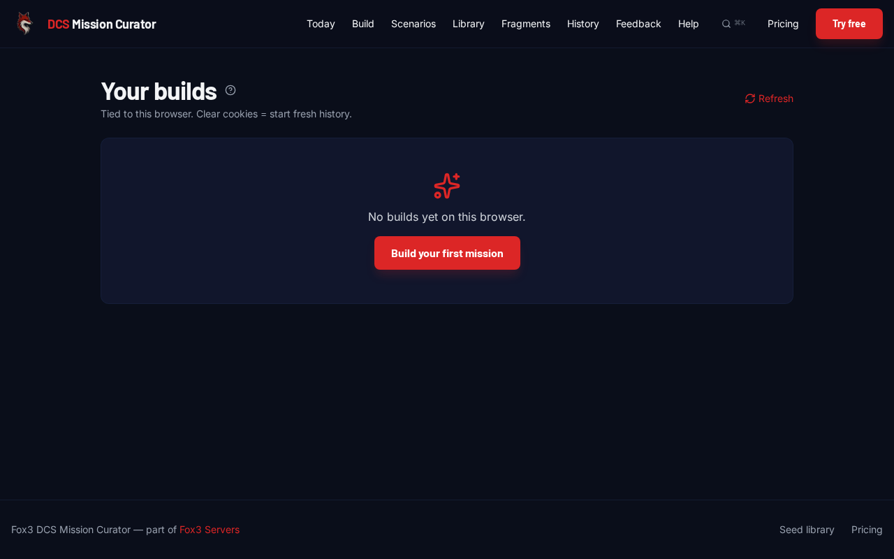 The /history page listing past builds with Download and Remix buttons