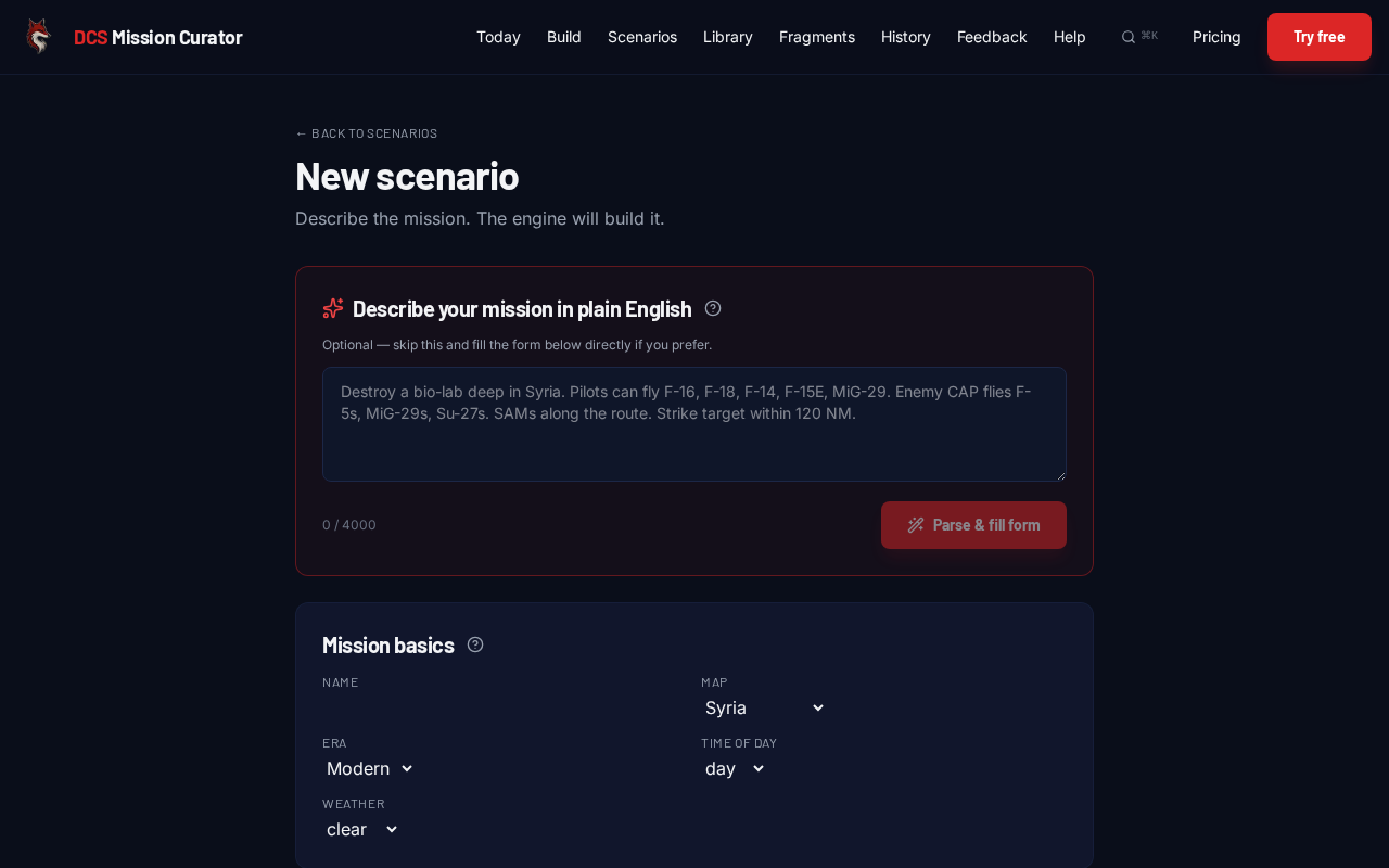 The /scenarios/new form with all sections